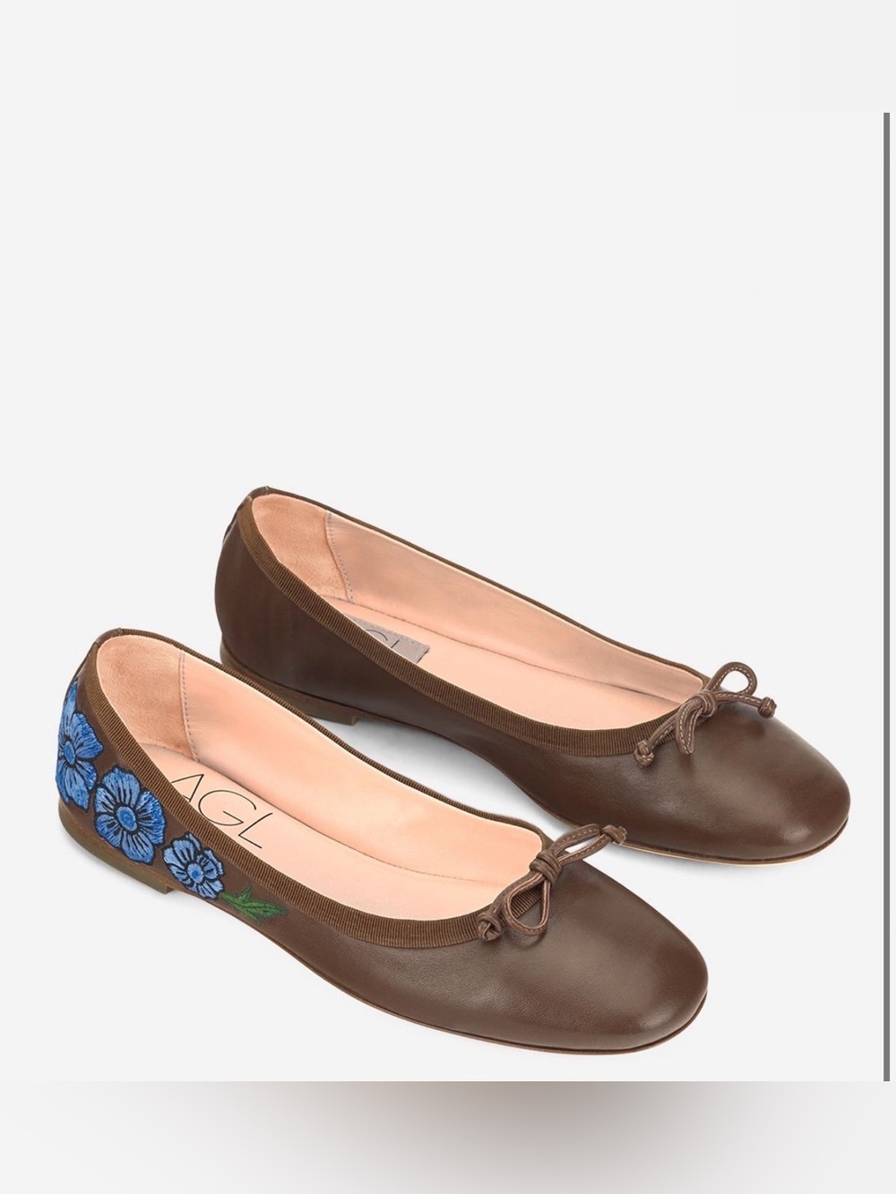 AGL Brown Leather Ballet Flats with Blue Floral Embroidery